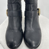 women Vince Camuto Windetta Leather Moto Boots Black Gold Shoes 7.5
