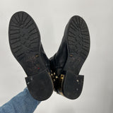 women Vince Camuto Windetta Leather Moto Boots Black Gold Shoes 7.5