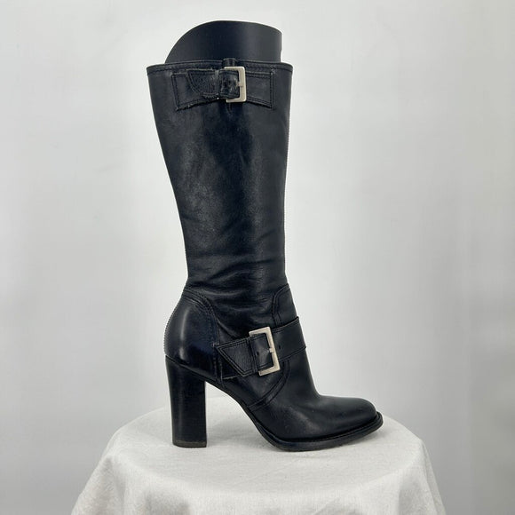 women Diba Adagio Buckled Leather Heeled Boot Black Shoes 7.5