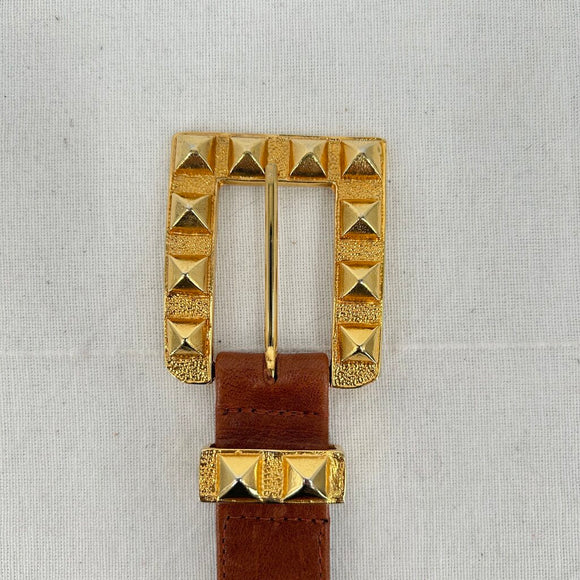 women Raina Gold Studded Buckle Leather Brown Belt L