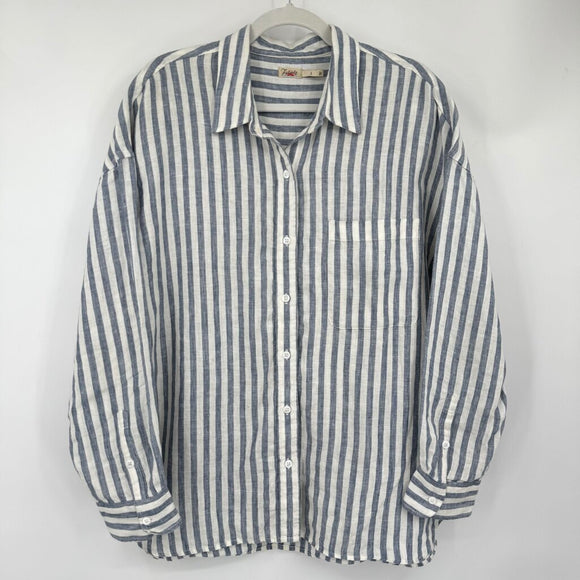 men Faherty Striped Linen Button Front Blue & White Woven Top L