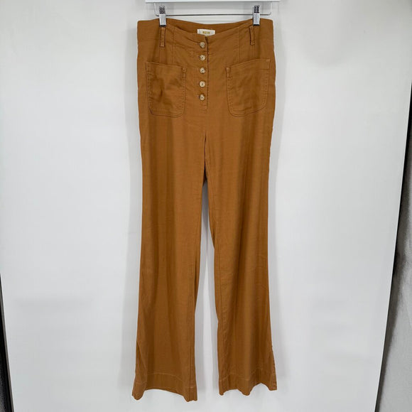 women Maeve - Anthro Linen Blend Wide Leg Button Fly Cedar Brown Pants 6