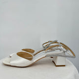 women Badgley Mischka Infinity Satin Block Heel Sandal Crystal Strap Soft White Shoes 8