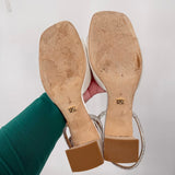 women Badgley Mischka Infinity Satin Block Heel Sandal Crystal Strap Soft White Shoes 8