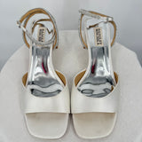 women Badgley Mischka Infinity Satin Block Heel Sandal Crystal Strap Soft White Shoes 8