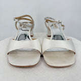 women Badgley Mischka Infinity Satin Block Heel Sandal Crystal Strap Soft White Shoes 8