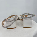 women Badgley Mischka Infinity Satin Block Heel Sandal Crystal Strap Soft White Shoes 8