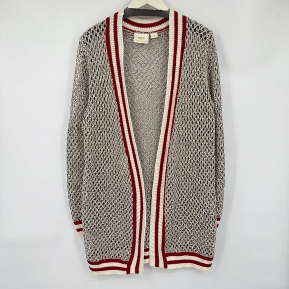 women Maeve - Anthro Metallic Varsity Kimono Open Front Cardigan Tan/Red/White Sweater One Size
