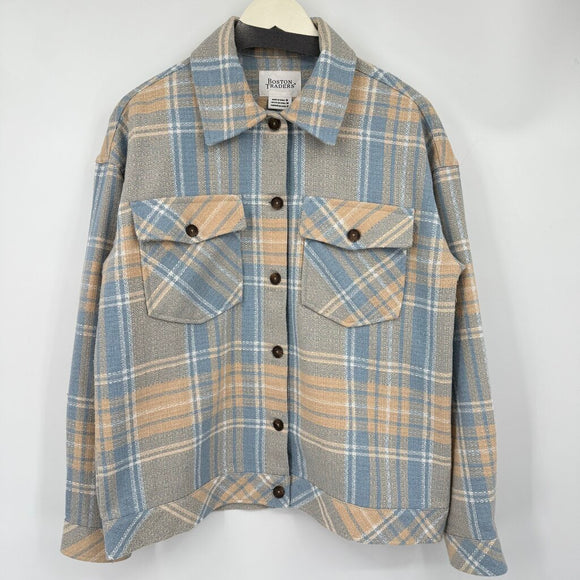 women Boston Traders Plaid Shacket Blue Tan Jacket M