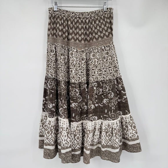 women Christopher & Banks Patterned Tiered Midi Brown White Skirt S