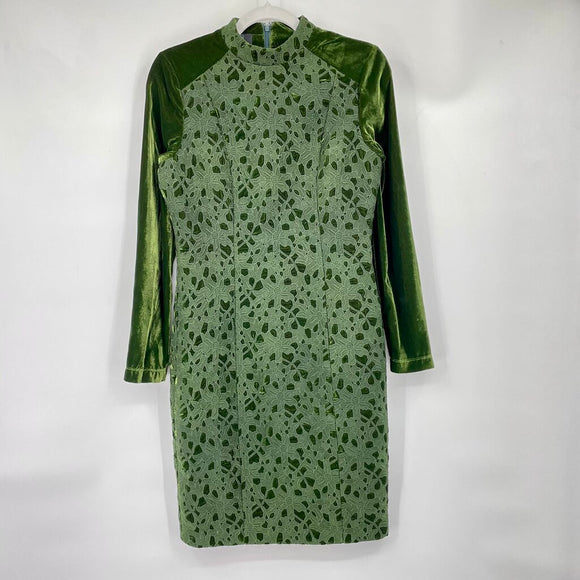 women Madeleine Lace & Velvet Long Sleeve Pencil Moss Green Dress S