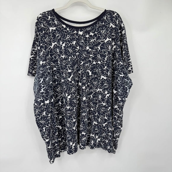 women Woman within Floral Tee Navy Blue White Knit Top 4X