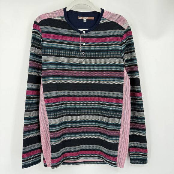 men Mr Turk Patterned Long Sleeve Henley Navy Blue Teal, Cream Pink Knit Top XS