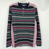 men Mr Turk Patterned Long Sleeve Henley Navy Blue Teal, Cream Pink Knit Top XS