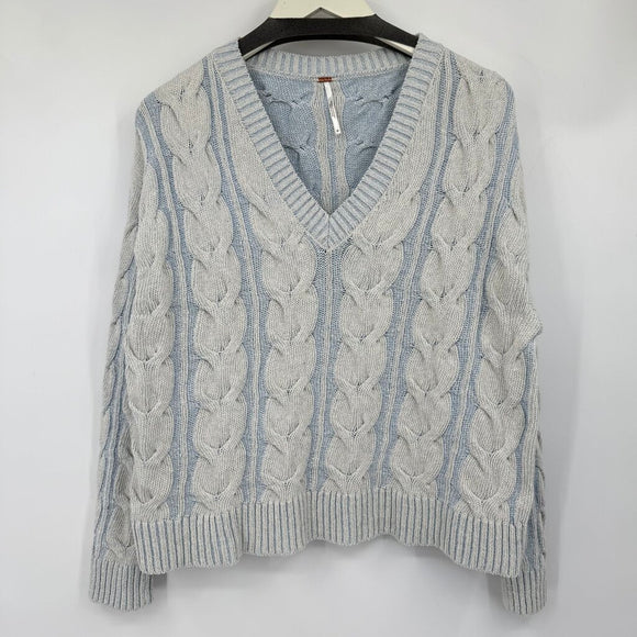women Free People NWT Washed Cable V-Neck Pale Blue Sweater M