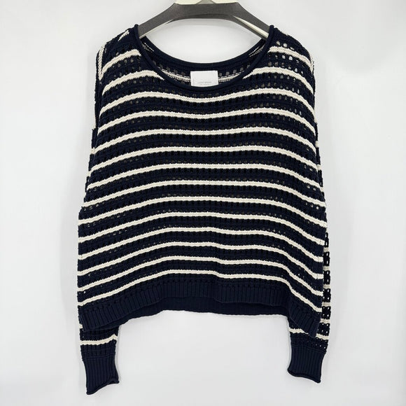 women Lucky Brand Striped Open Knit Navy and White Sweater L