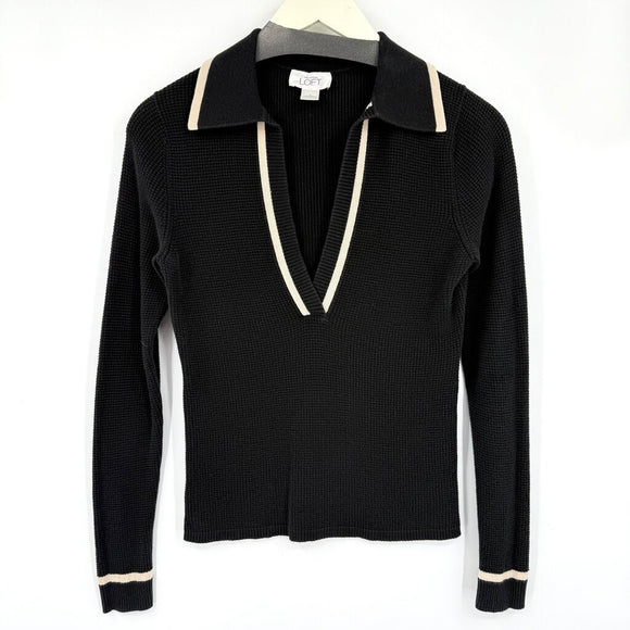 women Loft Johnny Collar Waffle Knit Black Knit Top S