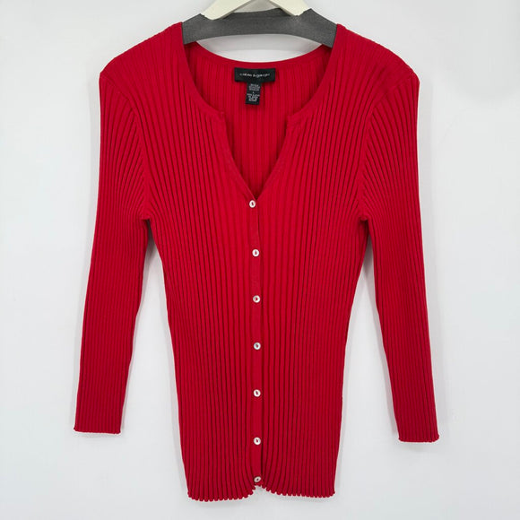 women Cable & Gauge Silk Blend Ribbed Cardigan Red Sweater L