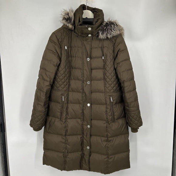 women London Fog Mid-Length Puffer w/Fur Trim Olive Coat L