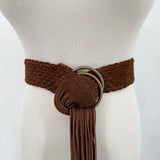 women Leather Braided Fringe Brown Silver Belt XS