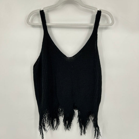 women Knit Fringe Tank Black Knit Top XL