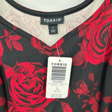 women Torrid NWT Rose Print Scuba Skate Black Red Dress 1/1X
