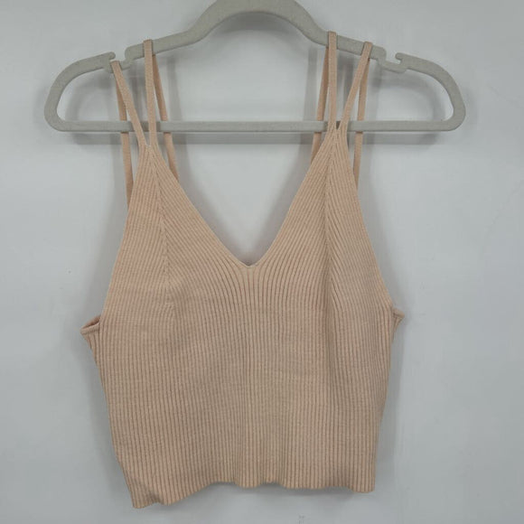 women Sleeveless Ribbed Crop Tan Knit Top XL