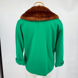 women Mary Hayes 1960's Wool Fur Trimmed Open Front Emerald Green Brown Vintage M