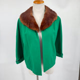 women Mary Hayes 1960's Wool Fur Trimmed Open Front Emerald Green Brown Vintage M