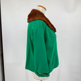 women Mary Hayes 1960's Wool Fur Trimmed Open Front Emerald Green Brown Vintage M