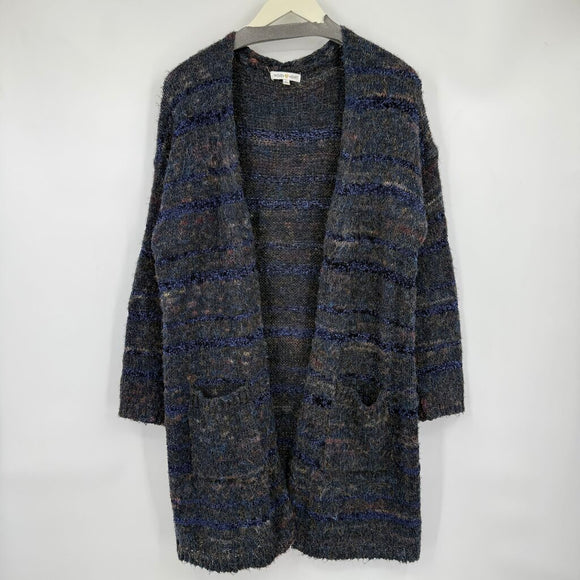 women Woven Heart Cotton Blend Open Cardigan Navy Blue Brown Sweater L