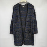 women Woven Heart Cotton Blend Open Cardigan Navy Blue Brown Sweater L