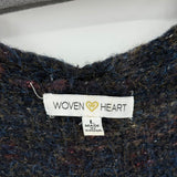 women Woven Heart Cotton Blend Open Cardigan Navy Blue Brown Sweater L