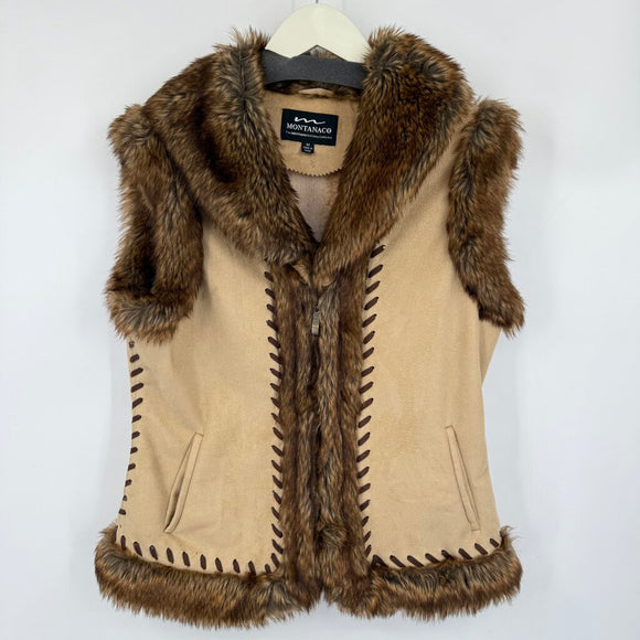 women Montana Co. Vegan Leather Faux Fur Vest Tan Brown Jacket M