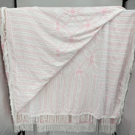 Vintage Pale Pink & White Queen Wedding Ring Coverlet Bedspread Home Decor