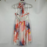 women White House Black Market NWT Chiffon Halter Print Ecru w/Canary Dress 4P