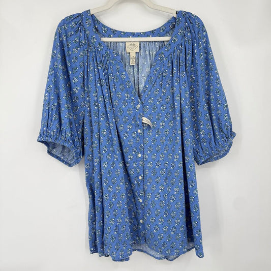 women St John's Bay NWT Floral Cotton Blend Blue White Green Woven Top 3X