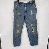 men Carhartt Heavily Distressed Double Knee Relaxed Fit Blue Jeans 38x34