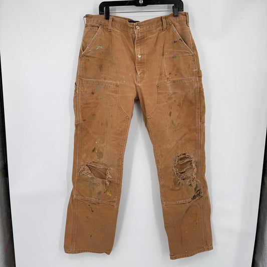 men Carhartt Distressed Double Knee Loose Fit Khaki Jeans 38x34