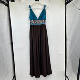women Silk Maxi Dress Teal & Brown Dress M
