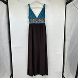women Silk Maxi Dress Teal & Brown Dress M