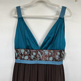 women Silk Maxi Dress Teal & Brown Dress M