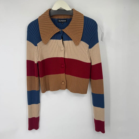 women en saison - Anthro Striped Cotton Cardigan Red Blue Brown Cream Sweater L