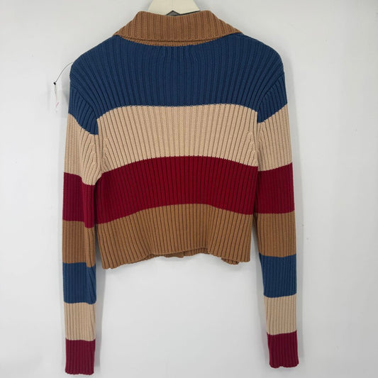 women en saison - Anthro Striped Cotton Cardigan Red Blue Brown Cream Sweater L