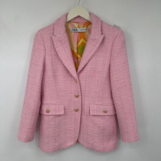 women Zara Textured Tweed Tailored Blazer Pink Jacket S