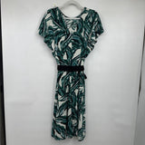 women Who What Wear Linen Belted Palm Print Beige Green Black Dress M