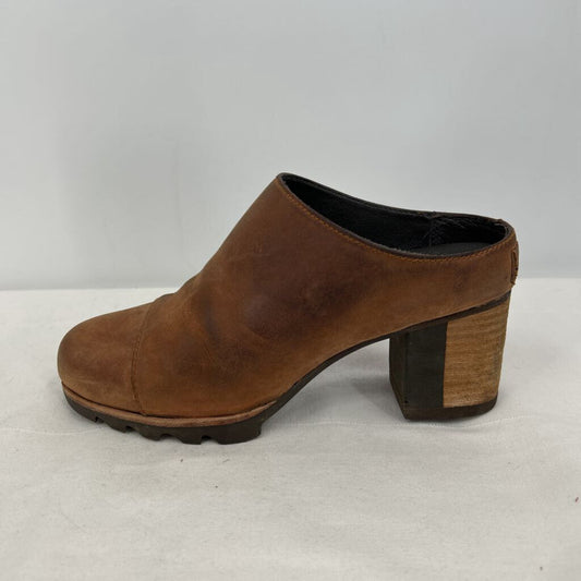 women Sorel Leather Mules Stacked Heel Brown Shoes 6.5