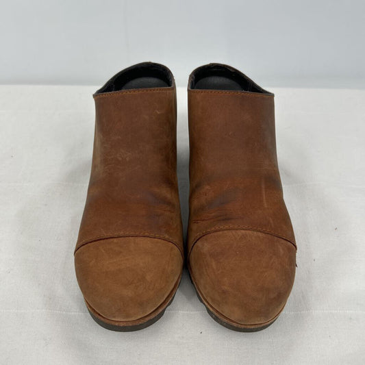 women Sorel Leather Mules Stacked Heel Brown Shoes 6.5