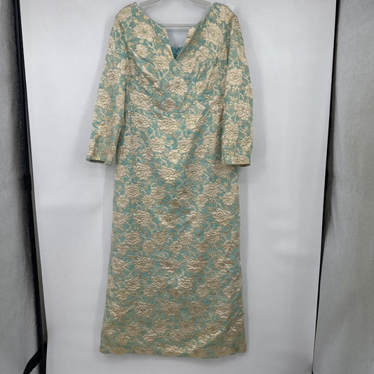 women Lane Bryant 60s/70s Floral Metallic Gown Aqua Cream Gold Vintage