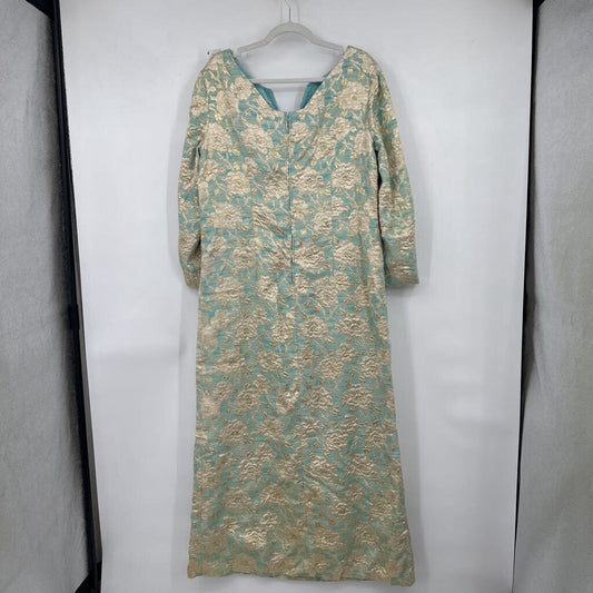 women Lane Bryant 60s/70s Floral Metallic Gown Aqua Cream Gold Vintage